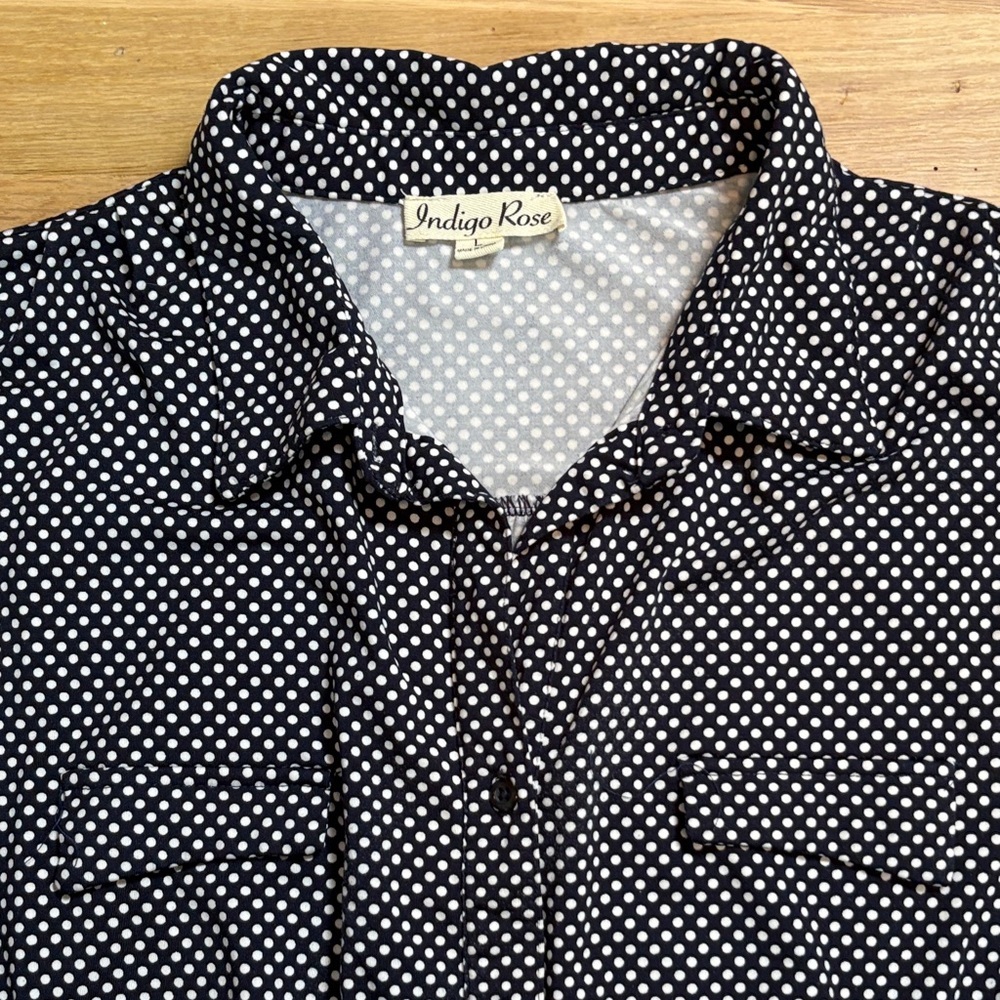 Indigo Rose Navy Polka Dot Midi Shirt Dress with Brown Belt Women’s L - Picture 3 of 16